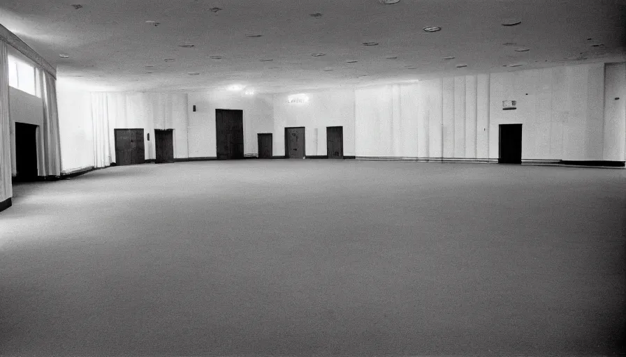 Image similar to 60s movie still of a sovietic stalinist style empty congress room, cinestill 800t 50mm eastmancolor, liminal Space style, heavy grain-s 150