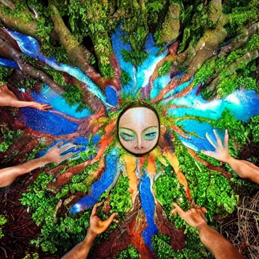 Prompt: gods in forest, three eyed, wide shot, feet in water, vivid colors, foreheads with eyes, ground very detailed, wet eyes reflecting into eyes reflecting into infinity, natural lighting