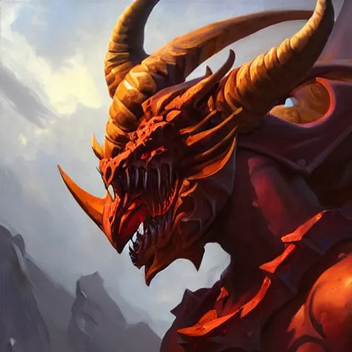 Image similar to Greg Manchess portrait painting of a horned, demonic, devil dragon armored character from league of legends, medium shot, asymmetrical, profile picture, Organic Painting, sunny day, Matte Painting, bold shapes, hard edges, street art, trending on artstation, by Huang Guangjian and Gil Elvgren and Sachin Teng