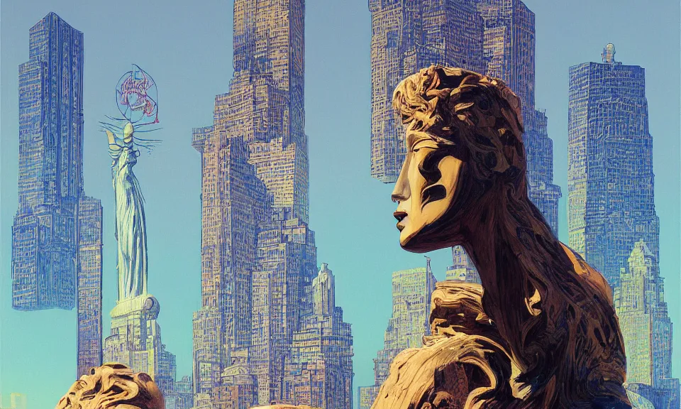 Prompt: digital painting of a massive greek sculpture a beautiful massive female statue surrounded hovering over the new york skyline, by syd mead and jack kirby, color scheme, kirby crackle, arik roper, concept art