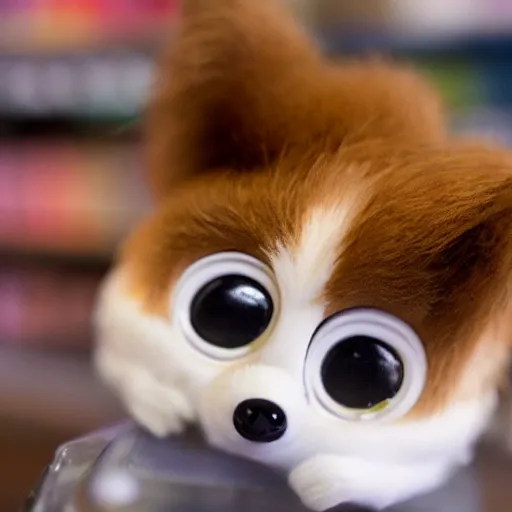 Prompt: a corgi furby toy on a store shelf, close - up photo, uncanny, nostalgic