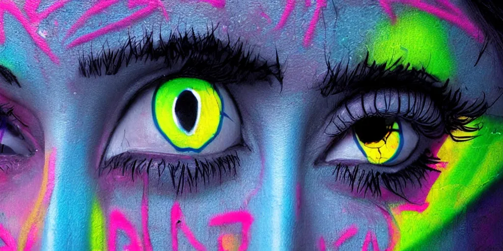 Prompt: aesthetic, beautiful symmetric eyes with heavy goth makeup, cyberpunk, neon colors, flat color, minimal, large spray graffiti on a dark blue wall by famous london graffiti artist