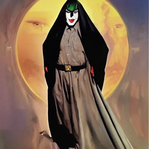 Prompt: lawrence of arabia as the joker, messy, portrait, realistic, concept art by alex ross