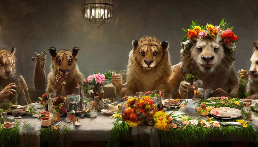 Image similar to a table dinner of exotic animals where animals are dressed like the characters from the midsommar movie wearing flowers, realistic detailed digital art by maxwell boas jessica rossier christian dimitrov anton fadeev trending on artstation cgsociety rendered in unreal engine 4 k hq