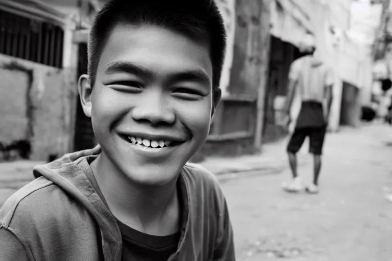 Image similar to still photo of a filipino teenange boy smiling at the camera on the street, black and white color aesthetic, highly detailed, photorealistic portrait, bright studio setting, studio lighting, crisp quality and light reflections, unreal engine 5 quality render