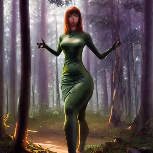 Image similar to full body portrait of a female wearing a skintight dress in a forest, large thighs, perfect face, intricate, elegant, highly detailed, digital painting, artstation, smooth, sharp focus, illustration, art by artgerm and greg rutkowski and alphonse mucha, 8 k