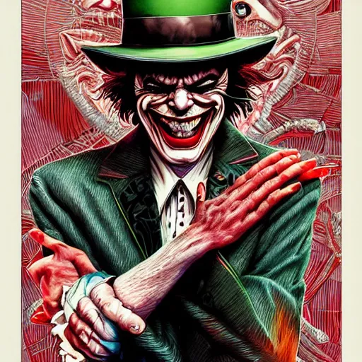 Image similar to portrait of crazy jack nicholson joker, symmetrical, by yoichi hatakenaka, masamune shirow, josan gonzales and dan mumford, ayami kojima, takato yamamoto, barclay shaw, karol bak, yukito kishiro