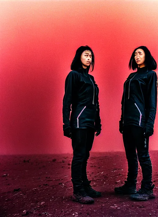 Image similar to cinestill 5 0 d photographic portrait of two loving clones, beautiful women wearing rugged black techwear on a desolate plain with a red sky, extreme closeup, diverse species, cyberpunk style, in front of a brutalist dark metal facility, dust storm, 3 5 mm, 8 k, f / 3 2, high resolution, ultra realistic faces