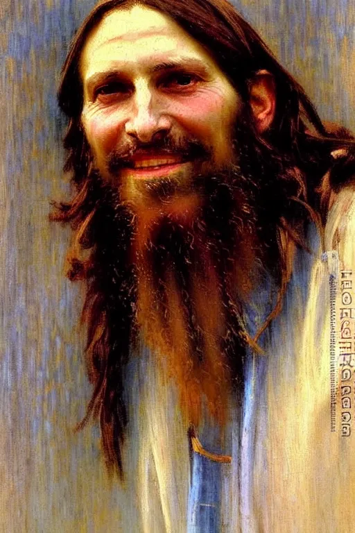 Image similar to impressionist brushstrokes!!!!!!!!! solomon joseph solomon and richard schmid and jeremy lipking victorian loose genre loose painting full length portrait painting of jesus with a slight smile happy inviting