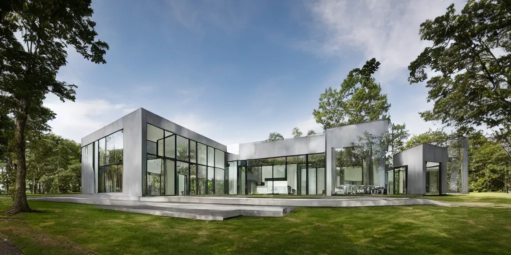 Prompt: grey brick glass contemporary moderrn hamptons mansion next to body of water top angle by mcalpine house, by jackson & leroy architects