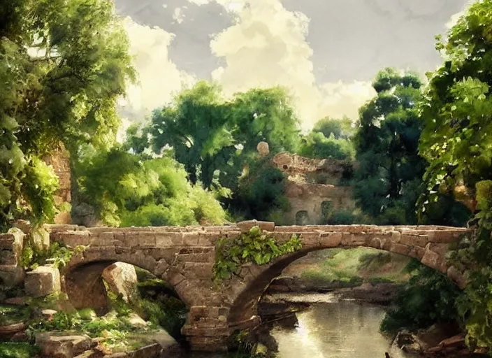 Image similar to watercolor of rustic stone bridge with mural, ivy, summer daylight, bright clear day, clouds, high detailed art by dennis miller bunker, work by anders zorn, wonderful masterpiece by greg rutkowski, beautiful cinematic light, american romanticism by greg manchess, creation by tyler edlin