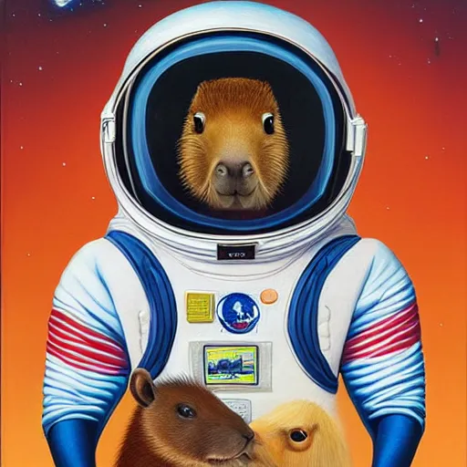 Image similar to beautiful detailed and adorable portrait of a capybara astronaut in a spacesuit by casey weldon by mark ryden by thomas blackshear, super cute, new contemporary, pop surrealism, oil painting