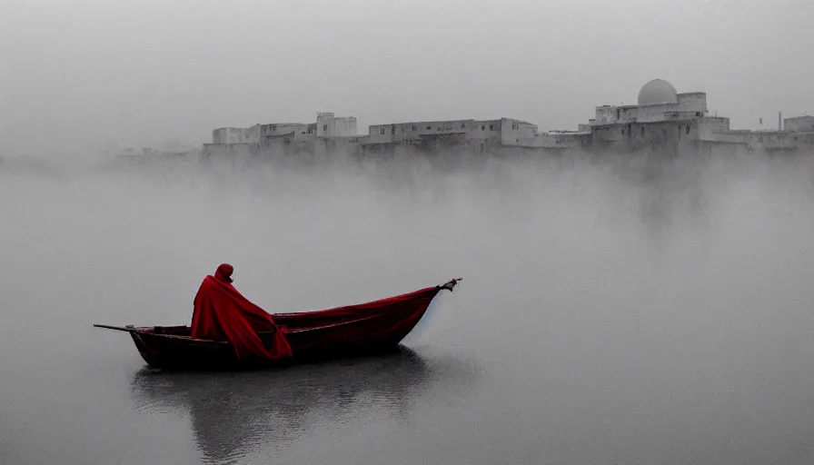 Prompt: movie still by tarkovsky of a man in red drapery in a blood barque on a river next to a neoclassical spherical city in the desert, leica sl 2 5 0 mm, heavy grain, high quality, high detail, foggy, mud