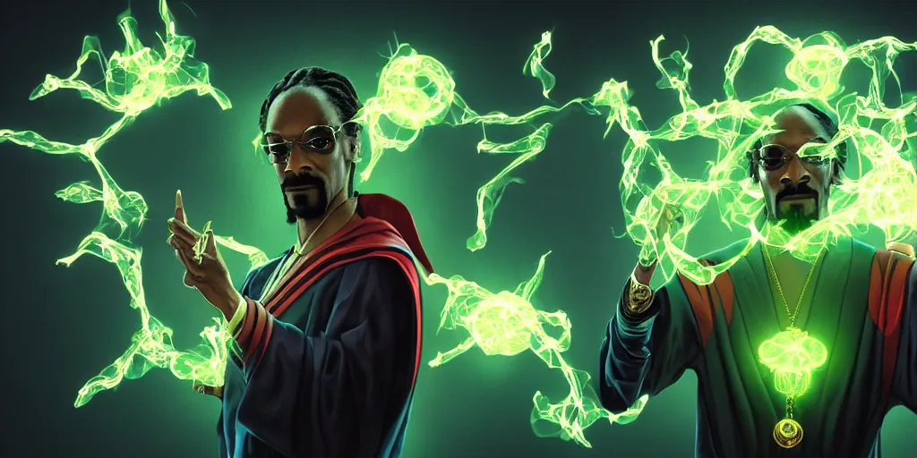 Prompt: snoop dogg as doctor strange, multiple dimensions, green light, marijuana leaves, marijuana, highly detailed, environmental light, cinematic by francis tneh, magic, making a spell, sharp focus, hyperdetailed, artstation, cgsociety, 8 k