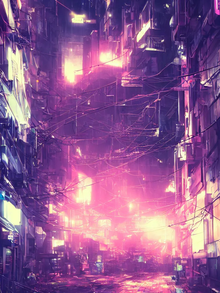 Image similar to neonpunk street, hanging cables, narrow, garbage on the ground. rain. fog, haze, evening. led screens. golden hour. volumetric lighting. cables on the ground. very messy. futuristic. photorealistic. artstation. anime. studio gimbli style