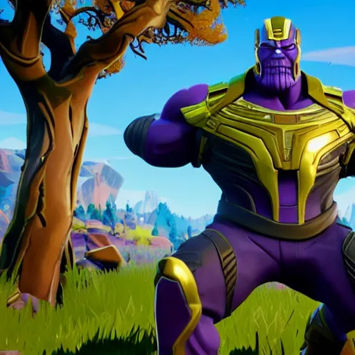 Image similar to a dramatic picture of thanos in fortnite, stunning screenshot