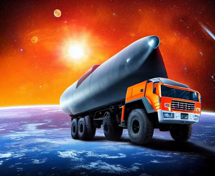 Image similar to orange kamaz in space in orbit of the planet earth, kamaz looks like a spaceship, hyper detailed, hight detailed, futuristic, ultra realistic, no blur, 8 k
