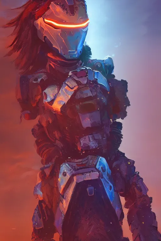 Image similar to combination suit armor aloy horizon forbidden west horizon zero dawn radiating a glowing aura global illumination ray tracing hdr fanart arstation by ian pesty and alena aenami artworks in 4 k tribal robot ninja mask helmet backpack