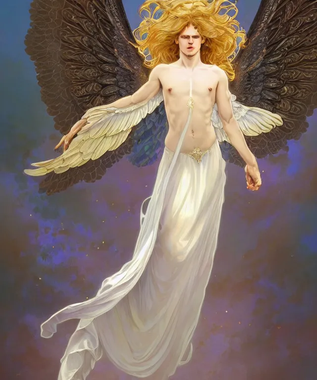 Image similar to fullbody symmetrical portrait of a beautiful young fit male angel with curly blond hairs, full dressed in long fluent clothes, majestic big dove wings, luminous halo, by greg rutkowski and alphonse mucha, gradient white to gold, in front of an iridescent background, highly detailed portrait, digital painting, artstation, concept art, smooth, sharp focus illustration