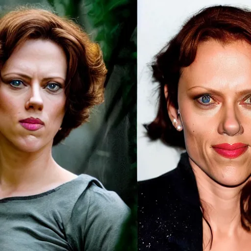 Image similar to a woman who is a genetic combination of scarlett johansson and sigourney weaver, face and upper body focus