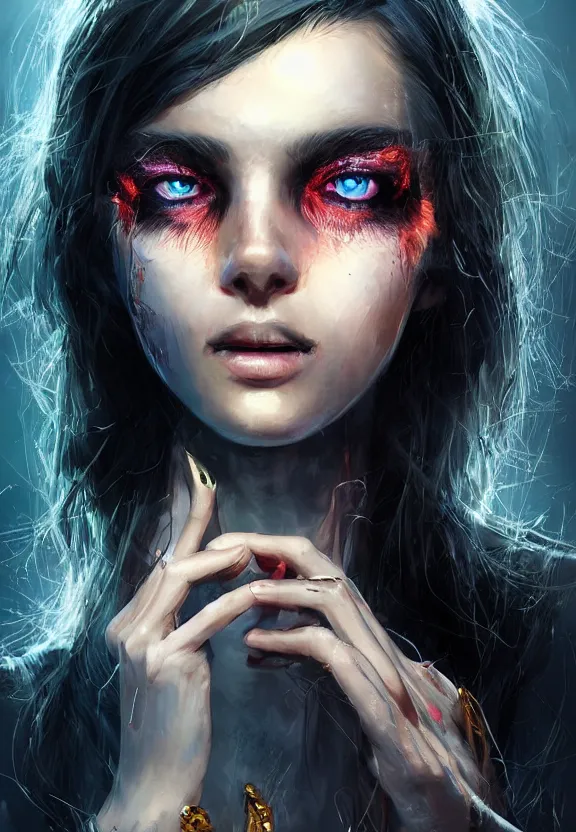 Image similar to digital illustration of a girl with eyes that burn like cigarettes wearing a short skirt and a long jacket with fingernails that shine like justice, dramatic lighting, photorealistic, full body portrait, detailed anatomy, extreme detail, 4 k, colorful, artgerm and craig mullins, detailed face, f / 2. 8