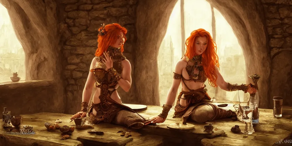 Image similar to ginger woman, sitting and drinking in an ancien tavern and playing with a knife, attractive, warrior, magic the gathering, action pose, ancient, sand, emerald, intricate, highly detailed, digital painting, artstation, concept art, smooth, sharp focus, illustration, Unreal Engine 5, 8K, art by artgerm and greg rutkowski and alphonse mucha