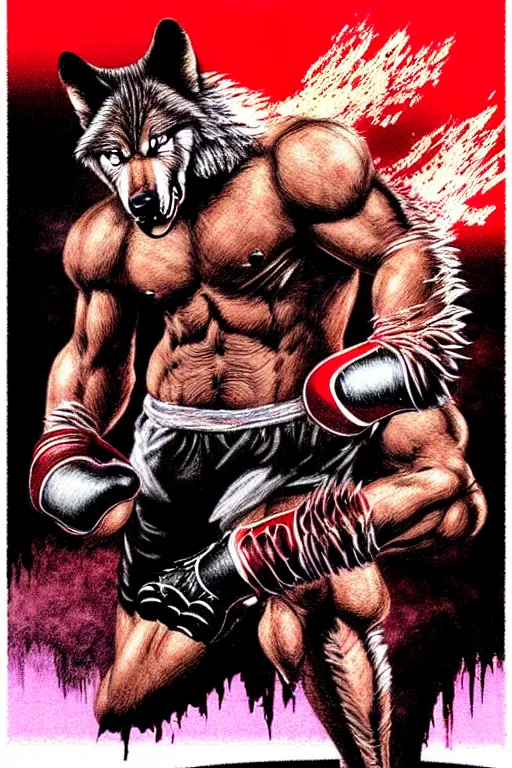 Image similar to extreme long shot. 8 bit nes graphics. antropomorphic muscular masculine wolf. kickboxer fighter, in shorts. wolf head. angry. fine details, very sharp, art from nes game cartridge, 8 0's, vhs artefacts, vaporwave style, marc simonetti and hermann nitsch and anish kapoor.