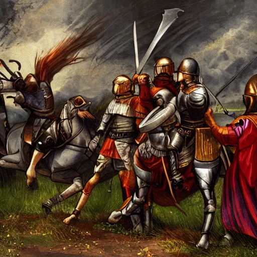 Image similar to knight holding a broken longsword facing a group of attackers, he looks unsteady and scared, medieval, fantasy, digital art, detailed