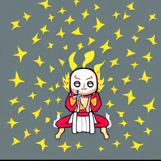 Image similar to kawaii wacky fluffy popcorn with lightning bolt power, yokai, in the style of a manga character, with a smiling face and flames for hair, sitting on a lotus flower, white background, simple, clean composition, symmetrical