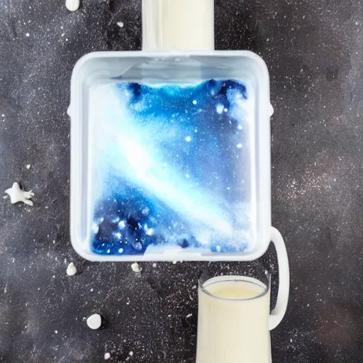 Prompt: The milky way galaxy being poured out of a milk carton