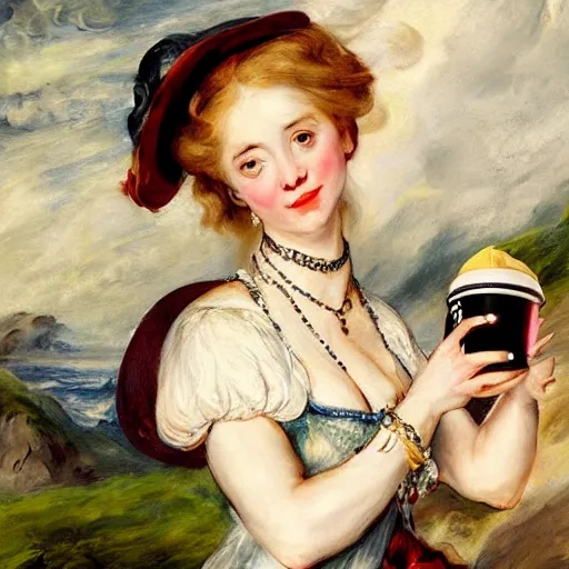 Image similar to heavenly summer sharp land sphere scallop well dressed lady holding a starbucks coffee cup, auslese, by peter paul rubens and eugene delacroix and karol bak, hyperrealism, digital illustration, fauvist, starbucks coffee cup green logo