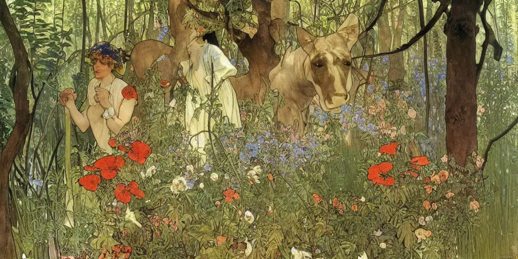 Image similar to a beautiful painting of wild animals in the woods with vines and ferns and flowers, painted by carl larsson and alphonse mucha