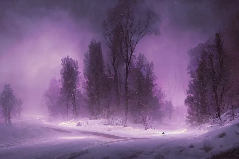 Image similar to a beautiful oil painting of a valley covered in snow, trees with purple, thunderstorm in the sky, blue lighting, gloomy, atmospheric lighting, detailed, beautiful!!, purple bioluminescence, by greg rutkowski, trending on artstation