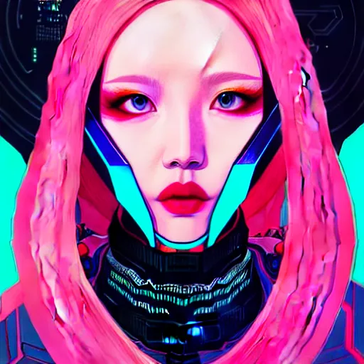 Image similar to portrait painting of a cyberpunk olivia hye from loona, sharp focus, award - winning, trending on artstation, masterpiece, highly detailed, intricate. art by josan gonzales and moebius and deathburger