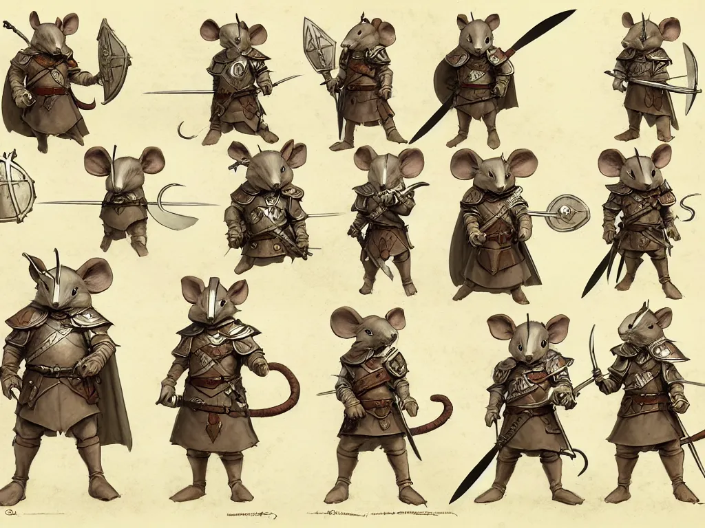 Image similar to character design sheet for a heroic mouse knight wearing a helmet with sword and shield on a parchment background, redwall, greg rutowski and jean baptiste monge, very very detailed, epic fantasy concept art