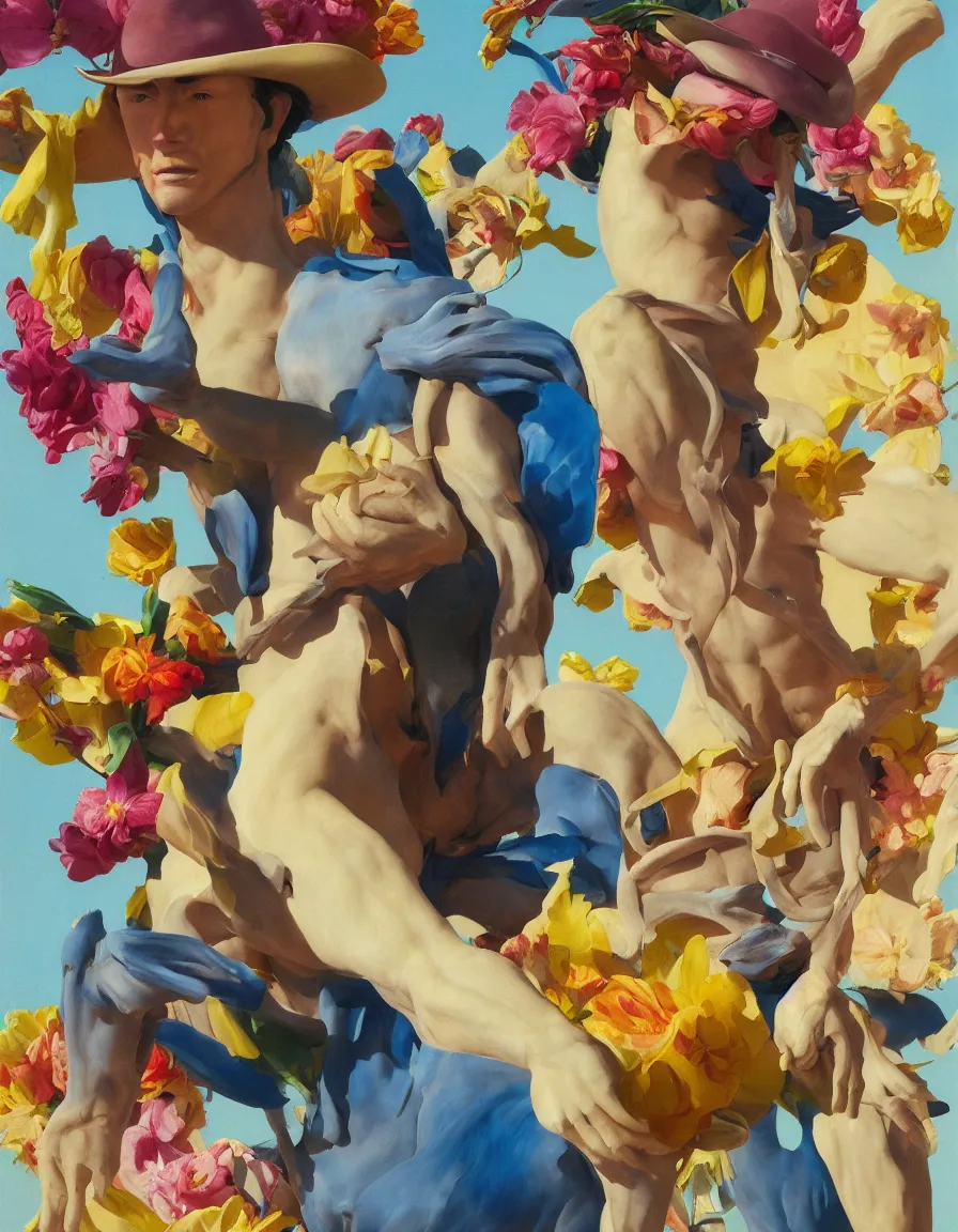 Image similar to a cowboy turning into blooms by slim aarons, by zhang kechun, by lynda benglis. tropical sea slugs, angular sharp tractor tires. bold complementary colors. warm soft volumetric light. national geographic. 8 k, rendered in octane, smooth gradients. a manly cowboy by edward hopper and frank frazetta. sculpture by antonio canova.