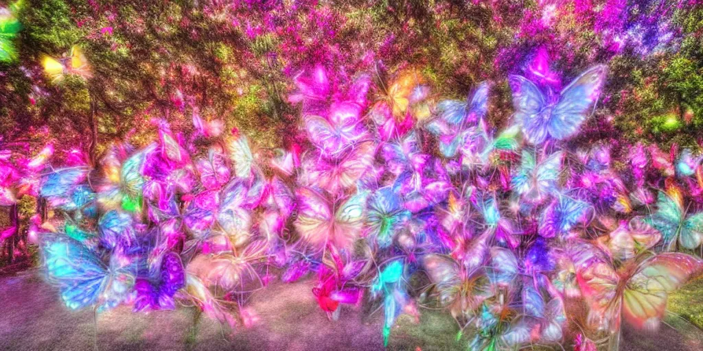 Prompt: professional HDR flambient wide angle bokeh photography of a cute pink glittery magical fairy enchanted forest fantasy butterflies and poodles