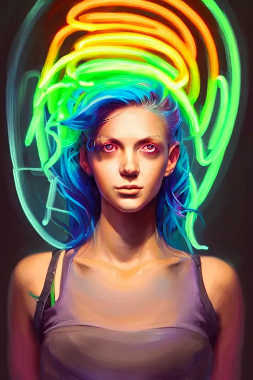 Image similar to a award winning half body portrait of a beautiful woman with stunning eyes in a croptop and cargo pants with rainbow colored hair, outlined by whirling illuminated neon lines and fine lines swirling in circles by jesper ejsing, rhads, makoto, shinkai, lois van baarle, digital art, trending on artstation