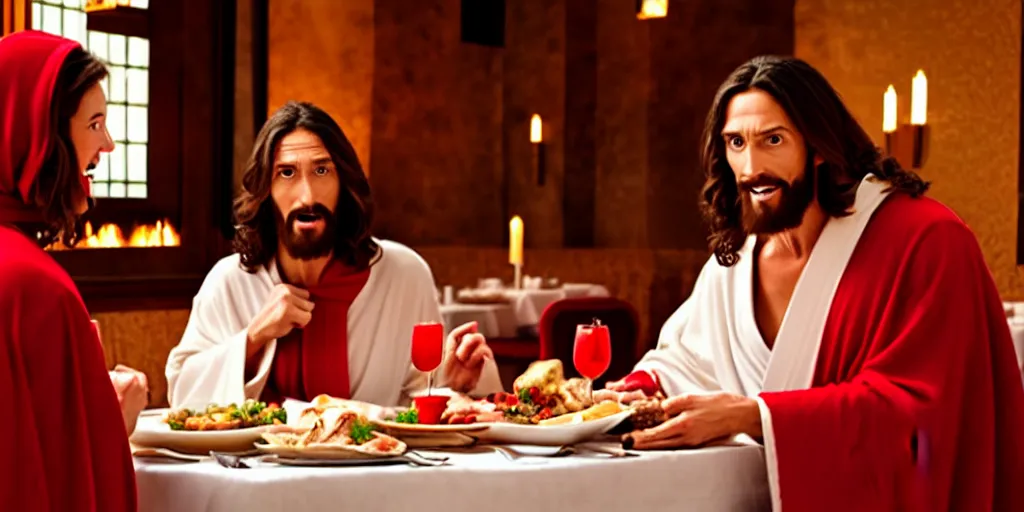 Image similar to jesus christ in a robe and red scarf, in a restaurant, on a date, yelling at a waiter