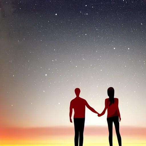 Prompt: Romantic couple, holding hands, view from behind, staring at a night sky, high definition digital art,