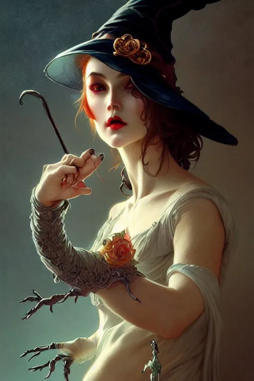 Image similar to halloween witch woman in a hat, fantasy magic, undercut hairstyle, intricate, elegant, sharp focus, illustration, highly detailed, digital painting, concept art, matte, art by wlop and artgerm and greg rutkowski and alphonse mucha, masterpiece