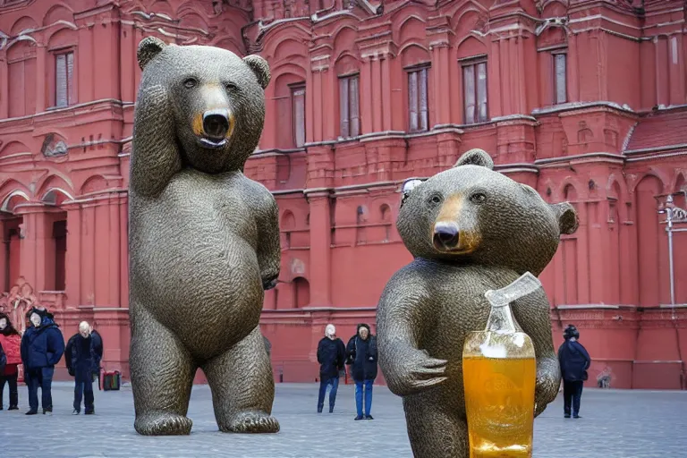 Image similar to a gigantic statue of bear holding vodka in the middle of the red square, excited russians, symmetry, awesome exposition, very detailed, highly accurate, 8 k