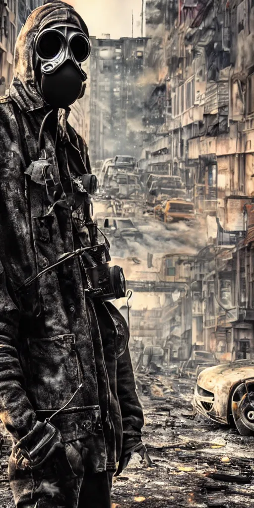 Image similar to post - apocalyptic city streets, close - up shot of an anarchist with a gasmask, burned cars, explosions, colorful smoke, hyperrealistic, gritty, damaged, dark, urban photography, photorealistic, high details