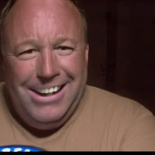 Prompt: CRT surveillence footage of a 50-year-old Alex Jones swimming inside of a filthy giant sized toilet filled with raw sewage, alex jones is gargling the sewage and smiling with an evil grin