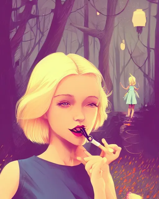 Image similar to digital illustration of pretty girl with short blonde hair hair, from alice in wonderland, smoking, happy eyes, smiling, in a wonderland forest, in junkyard at night, by ilya kuvshinov, lois van baarle, rossdraws, basquiat