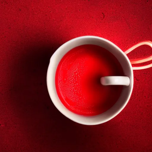 Image similar to photorealistic professional photography of a mug filled with red, opaque slime, taken in a professional studio.