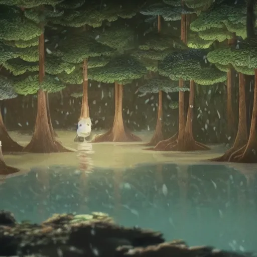 Image similar to wolf, forest, drinking water from an illuminated pool, hayao miyazaki, masashi ando, nizou yamamoto, kazuo oga, joe hisaishi, yoji takeshige, naoya tanaka