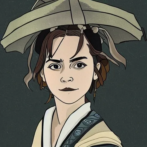 Prompt: emma watson, epic, samurai, in the style of Studio Ghibli, Hayao Miyazak