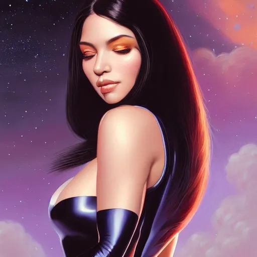 Image similar to a portrait of a very beautiful woman in a spacesuit, Alexandria's genesis, shoulder-length black hair, bored, illustration, soft lighting, soft details, painting oil on canvas by mark arian by artgerm, trending on artstation, 4k, 8k, HD