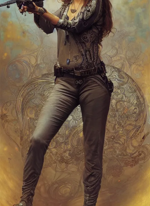 Image similar to Adrianne Palicki as a beautiful young woman holding a pistol, science fiction, intricate, elegant, highly detailed, centered, digital painting, artstation, concept art, smooth, sharp focus, illustration, art by artgerm and donato giancola and alphonse mucha